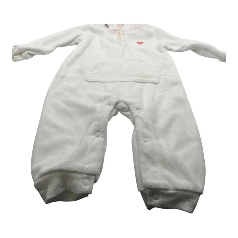 Carter’s Baby Hooded Fleece One Piece 9M Heart & Button Detail White Pink Floral